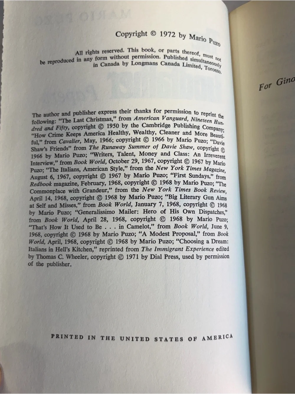 🔥 The Godfather Papers And Other Confessions HCDJ Book Mario Puzo 1972 BC🔥